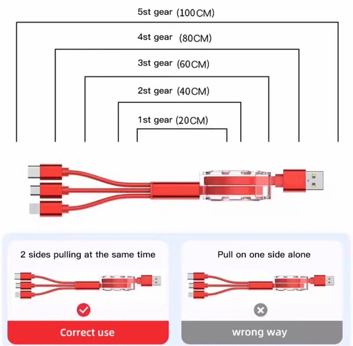 ★ ABARTHアバルト3Dロゴ 巻取り式充電ケーブル 3in1 Lightning/ Micro USB /Type-C / 充電ケーブル 長さ調整可能 100cm RED 赤★_画像9