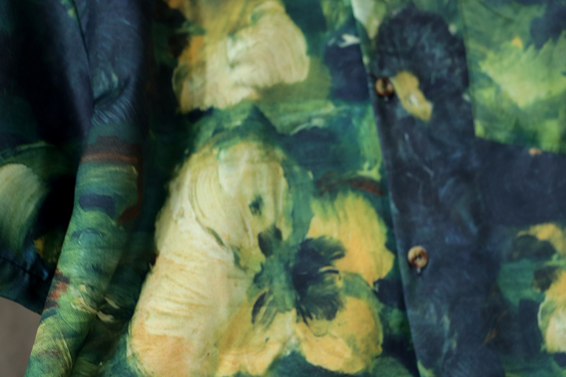 新品 RFAUSNTIY 緑黄花 半袖【XL】サマーシャツ メンズ シルクタッチ シャツ 花柄 油絵 アート デザイナーズ 半袖シャツ オープンカラーの画像3