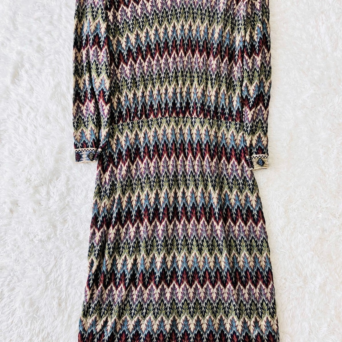 極美品 MISSONI ミッソーニ ワンピース ロング 長袖 ニット オレンジタグ イタリア製 総柄 ジグザグ ストライプ ボーダー テープライン XL