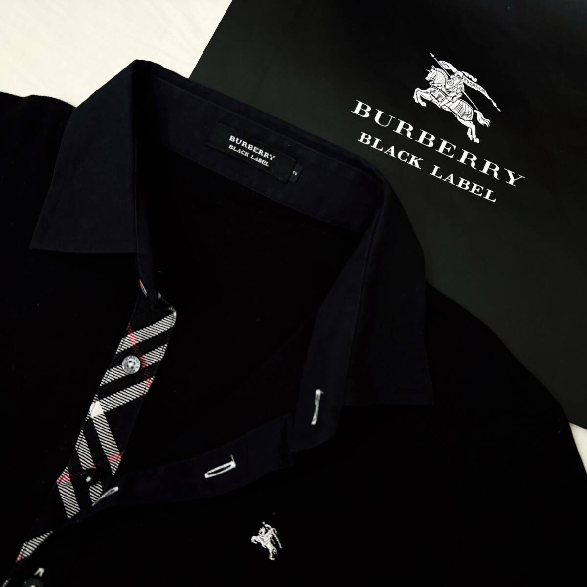  beautiful name of product work BURBERRY BLACK LABEL Burberry Black Label polo-shirt with short sleeves deer. . front .noba check hose embroidery black 2(M) made in Japan #2753