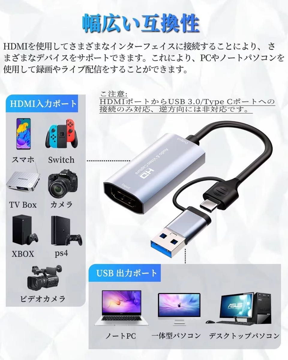 HDMI キャプチャーボード Switch対応 ゲームキャプチャー 1080P60Hz 電源不要 小型軽量