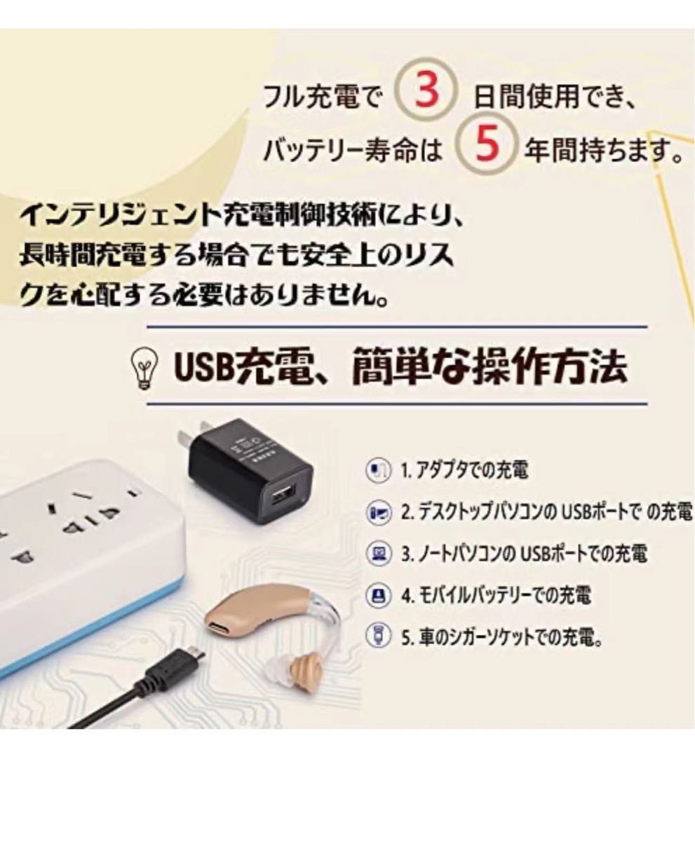 集音器 充電式 軽量 左右両用 4種類モード 高清音質 モード切り替え 日本語取扱説明書付き (茶色)