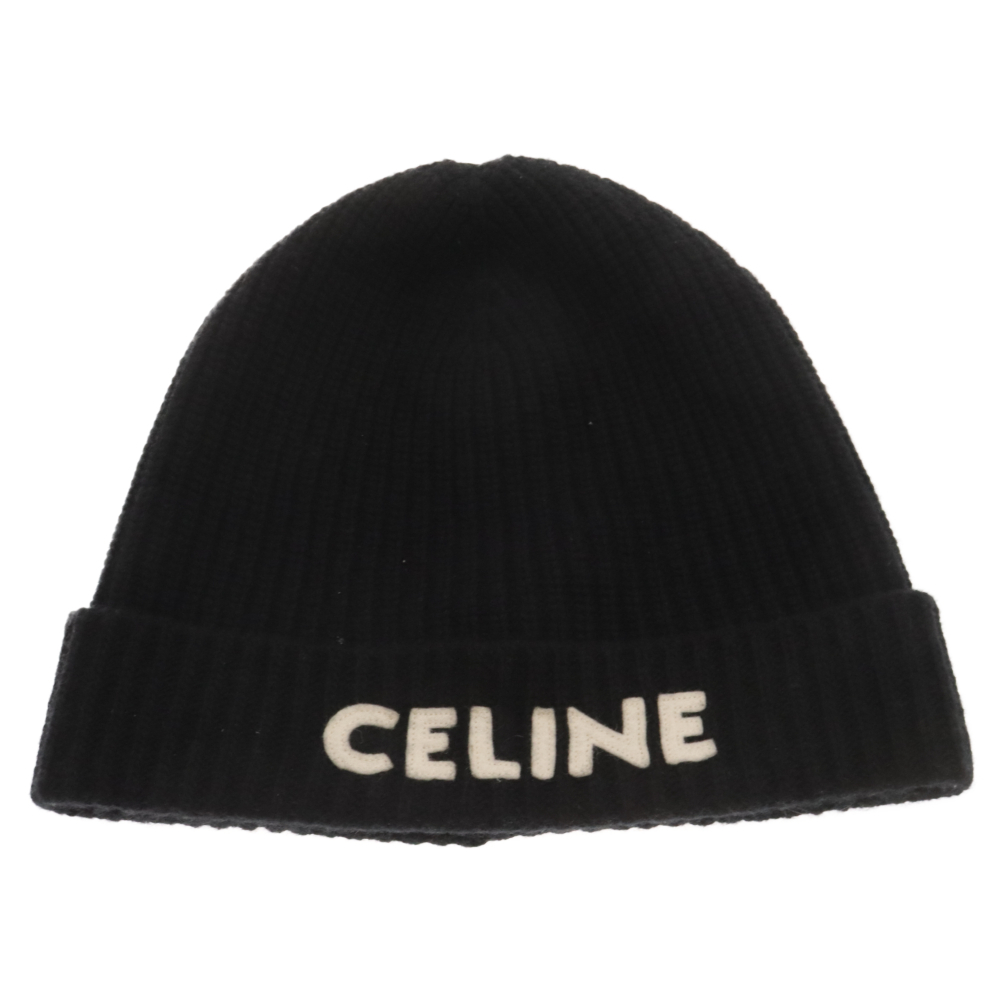 CELINE セリーヌ フロントロゴリブ編みウールニット帽 ビーニー ブラック_画像1