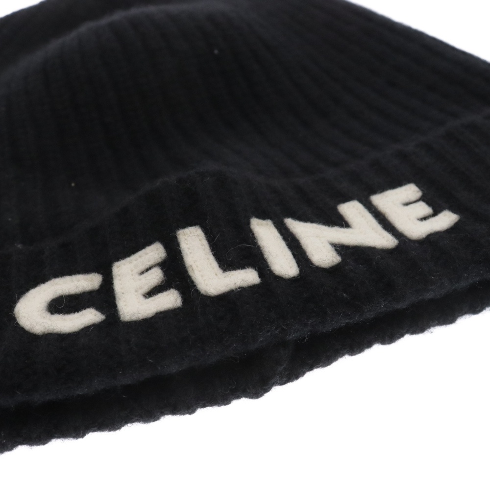 CELINE セリーヌ フロントロゴリブ編みウールニット帽 ビーニー ブラック_画像5
