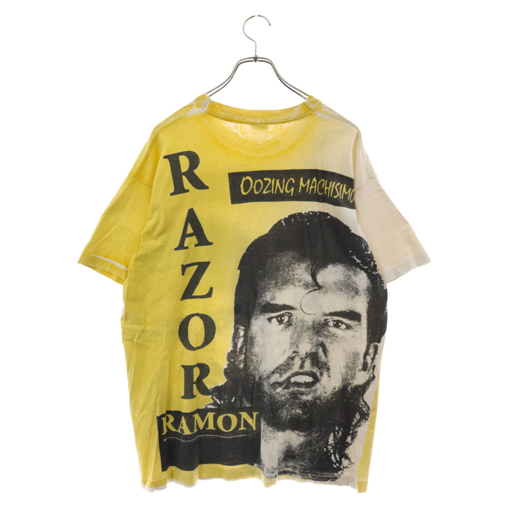 VINTAGE ヴィンテージ 90s RAZOR RAMON Oozing Machisimo レイザーラモン プロレス 大判プリント 半袖Tシャツ カットソー イエロー_画像2