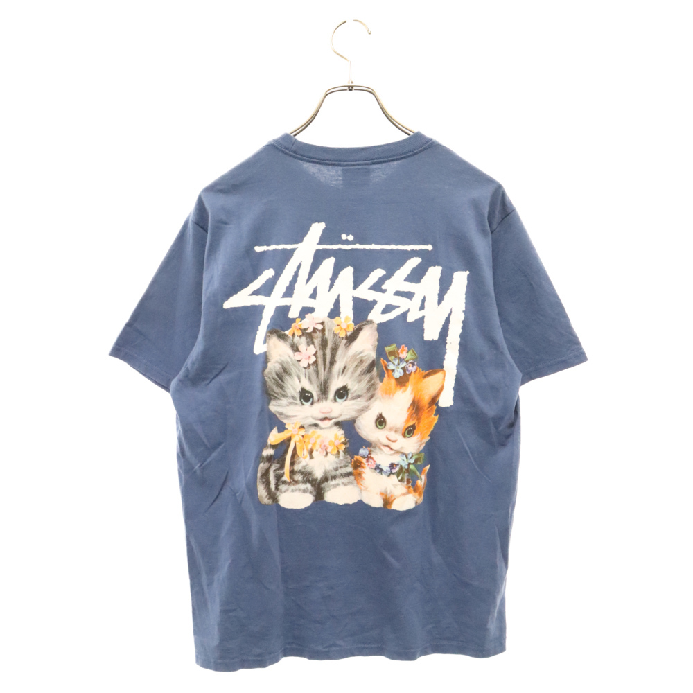 STUSSY ステューシー 23SS KITTENS 猫 バックロゴプリント クルーネック半袖Tシャツ ブルー_画像1