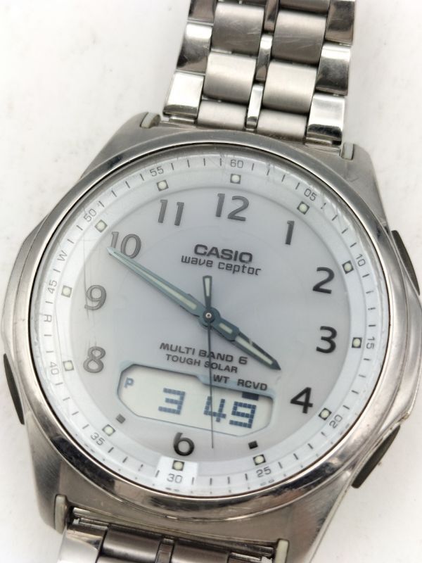 Y16 1円～ 稼動品 カシオ ウェーブセプター マルチバンド6 WVA-M630 タフソーラー アナデジ 腕時計 白文字盤 ステンレス メンズ 社外ベルトの画像1