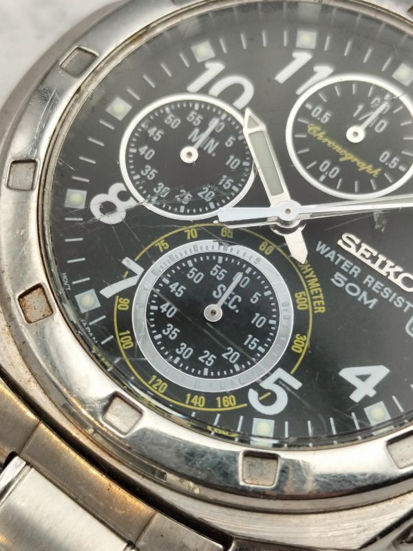 S17 不動品 1円～ SEIKO セイコー クロノグラフ V657-9019 50M クォーツ デイト 腕時計 黒文字盤 メンズ ステンレス シルバーカラーの画像6