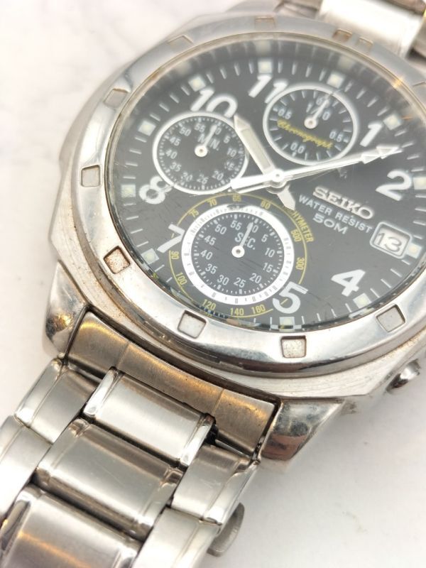 S17 不動品 1円～ SEIKO セイコー クロノグラフ V657-9019 50M クォーツ デイト 腕時計 黒文字盤 メンズ ステンレス シルバーカラーの画像8