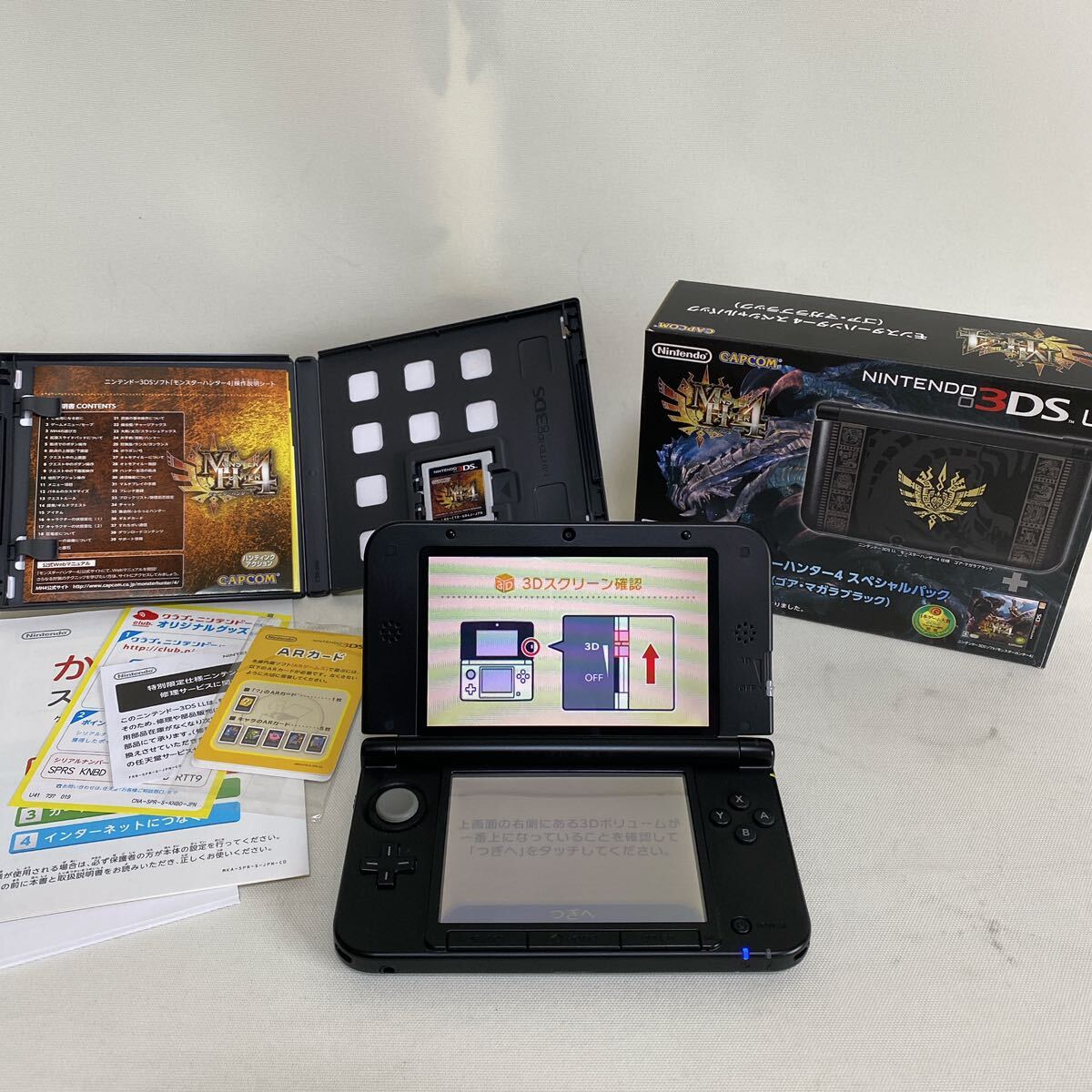 １円～【動作確認済】美品 モンスターハンター4 スペシャルパック ゴア・マガラブラック ニンテンドー 3DSLL SPR-004+ソフトセット 完品の画像1