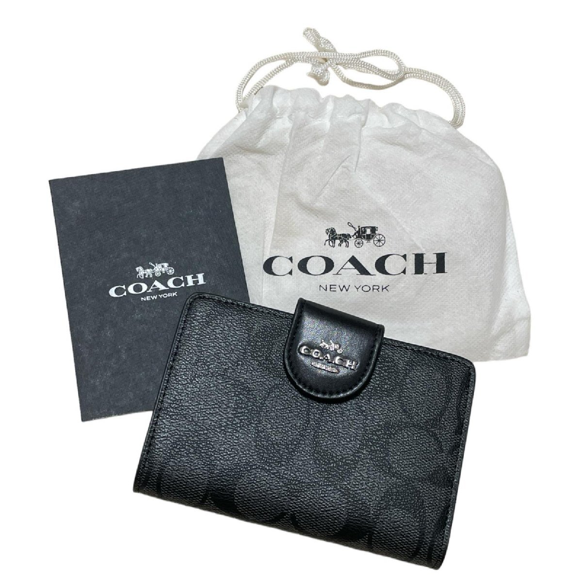 COACH コーチ ミディアム コーナー ジップ ウォレット シグネチャー コンパクト ブラック 二つ折り財布_画像1
