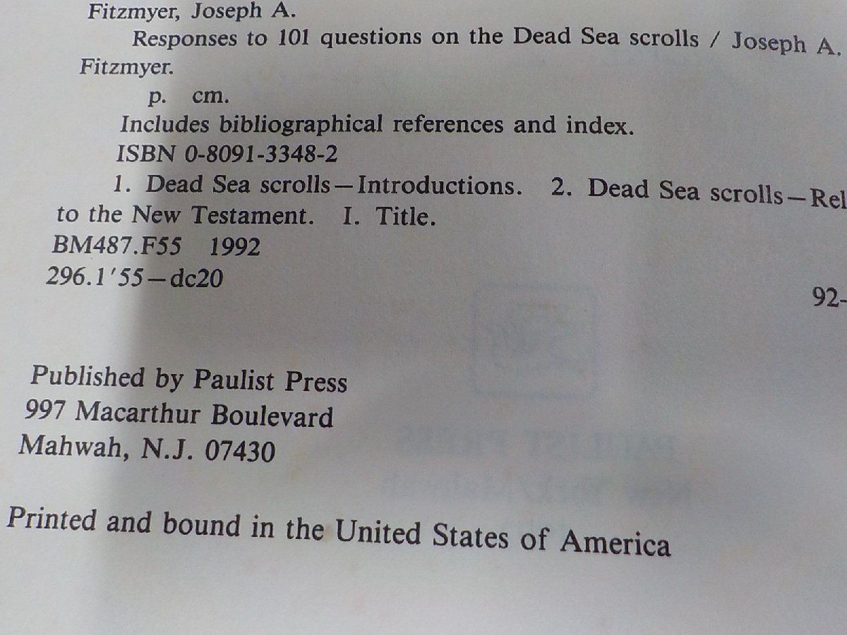 16V1899◆Responses to 101 Questions on the Dead Sea Scrolls Fitzmyer Joseph A. 貼り紙・シミ・汚れ・線引き・書込み有☆_画像3