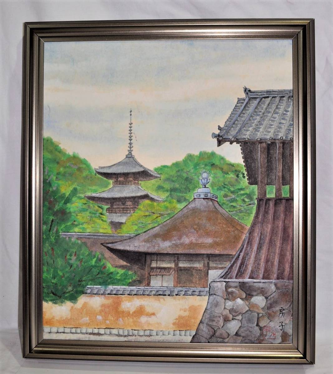 AT-68 【真作保証】 日本画『西田房子』【当麻寺所見】東塔（国宝）F８ _画像1