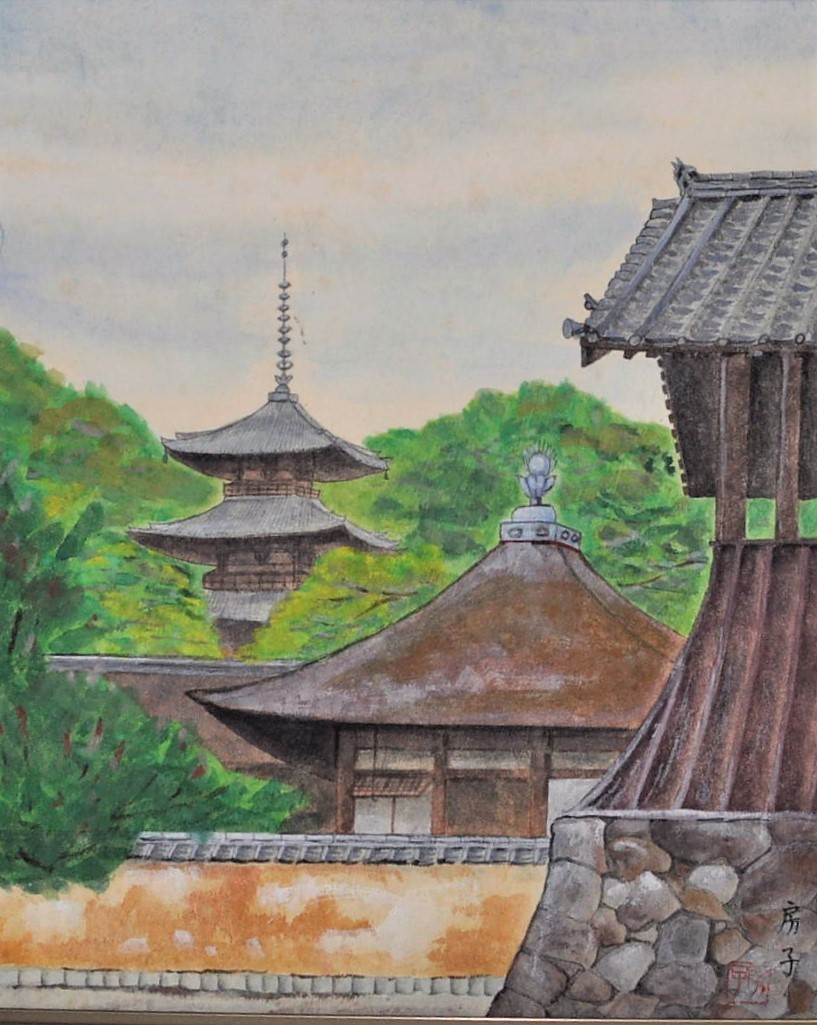 AT-68 【真作保証】 日本画『西田房子』【当麻寺所見】東塔（国宝）F８ _画像2
