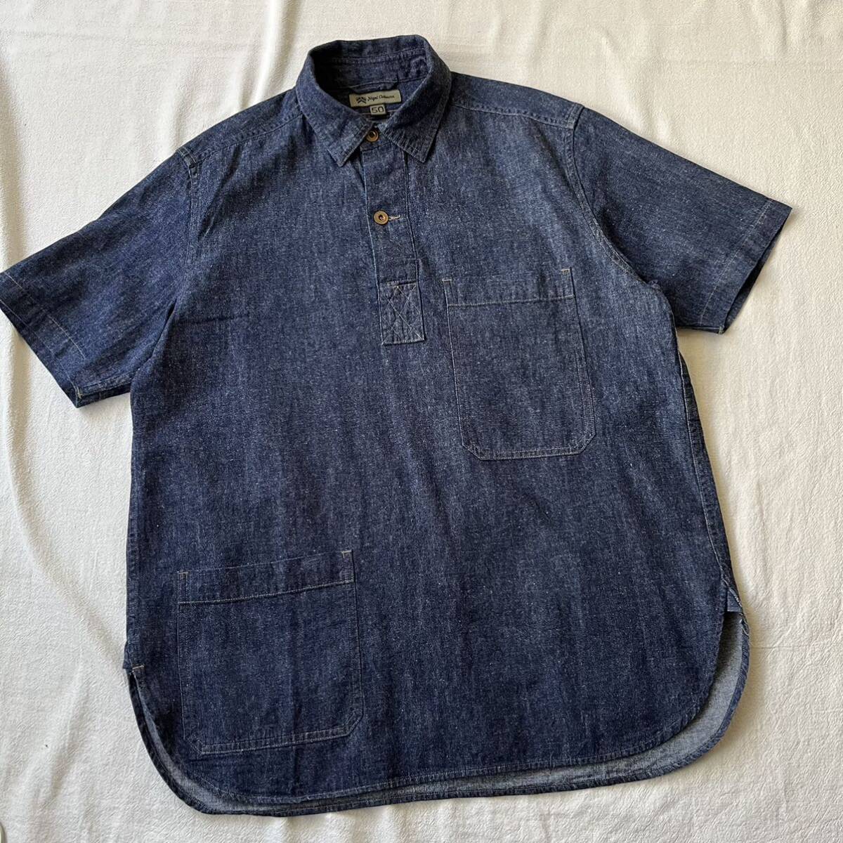 定価3万円 Nigel Cabourn コットンリネン デニム プルオーバー シャツ / 50 半袖 T4-05033-1869_画像3