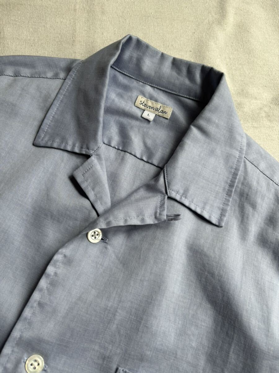STEVEN ALAN オープンカラー シャツ / L ポリ リネン ブルー ボックス 半袖 日本製 T4-04146-9343_画像4