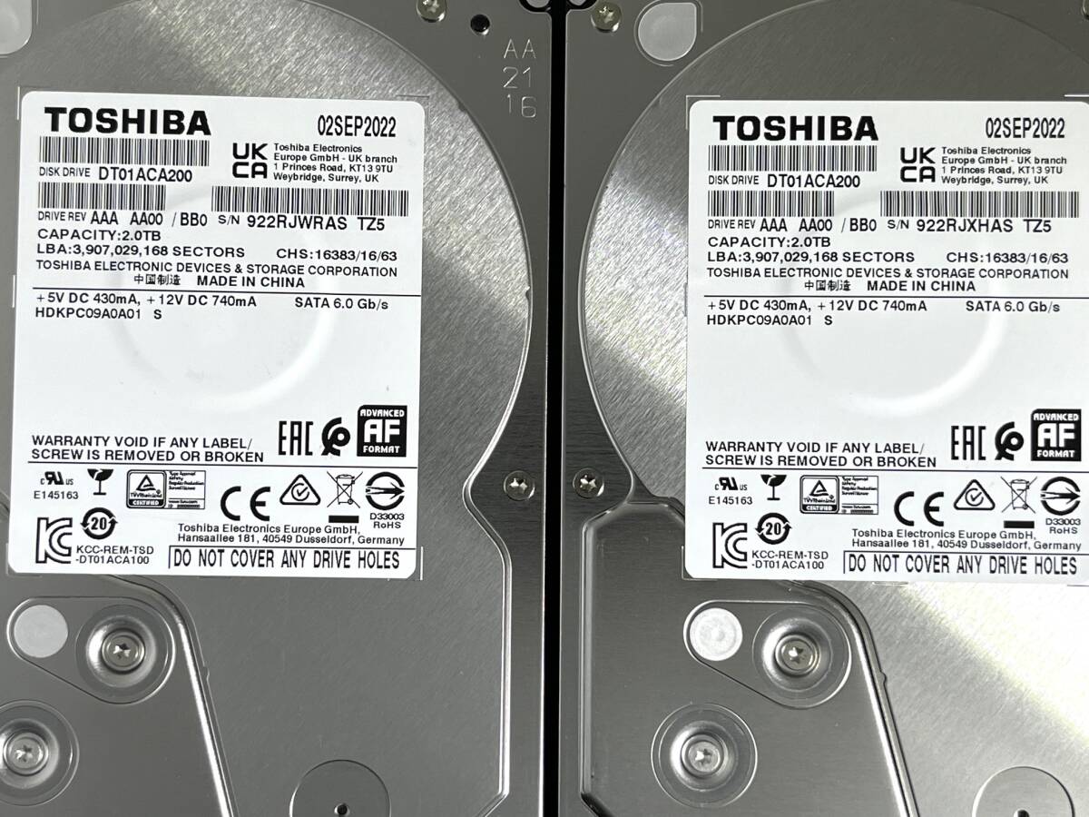 【送料無料】2個セット ★ 2TB ★　DT01ACA200　/　TOSHIBA　【使用時間： 2460 ｈ＆ 2462 ｈ】 2022年製　良品　3.5インチ内蔵HDD SATA600