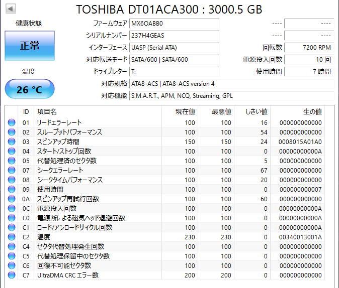 【送料無料】 ★ 3TB ★　TOSHIBA　/　DT01ACA300 【使用時間： 7 ｈ】 2023年製 新品同様 3.5インチ 内蔵HDD　AVコマンド対応 SATA 東芝