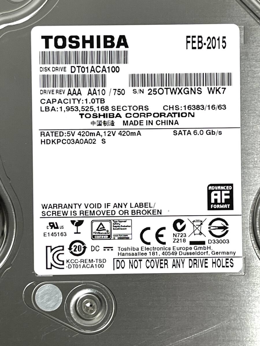 【送料無料】 ★ 1TB ★　TOSHIBA　/　DT01ACA100　【使用時間： 104 ｈ】　2015年製　稼働極少　3.5インチ 内蔵HDD　SATA600/7200rpm　_画像3