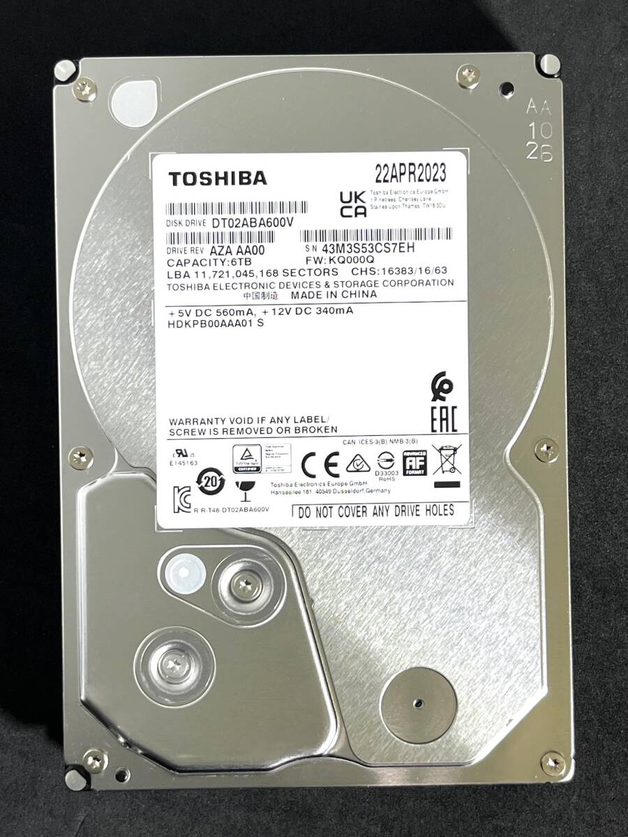 【送料無料】　★ 6TB ★　TOSHIBA / DT02ABA600V　【使用時間： 390 ｈ】　2023年製　稼働少　3.5インチ内蔵HDD　SATA　AVコマンド対応_画像1