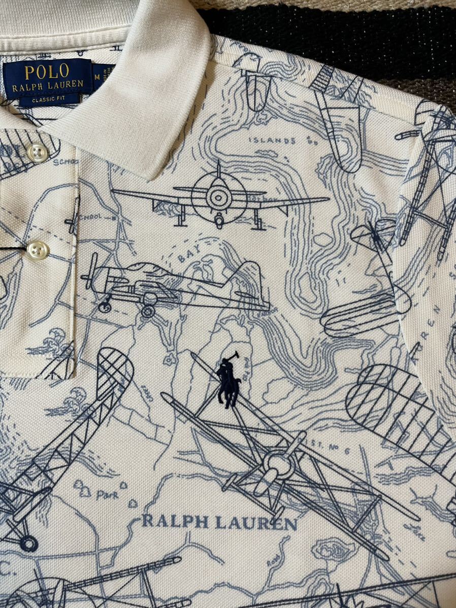 ラルフローレン　ポロシャツ　Mサイズ　飛行機　白　ネイビー　Ralph Lauren 半袖　【新品未使用】　鹿子素材　半袖シャツ 総柄 POLO_画像6