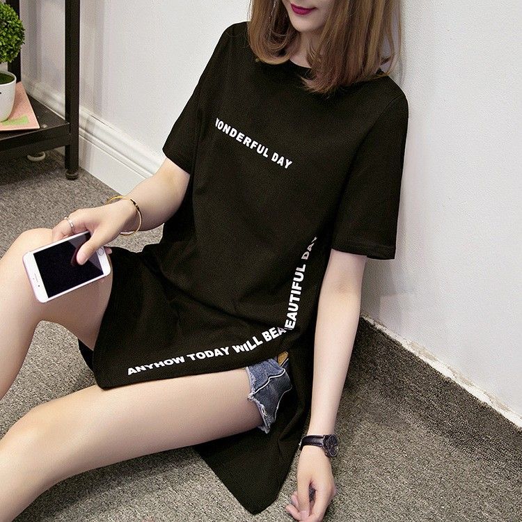 黒 ロンT シンプル ブラック ロング丈Tシャツ 半袖 ロゴ トップス ゆったり M 英文 スリット 体型カバー 韓国 丸襟