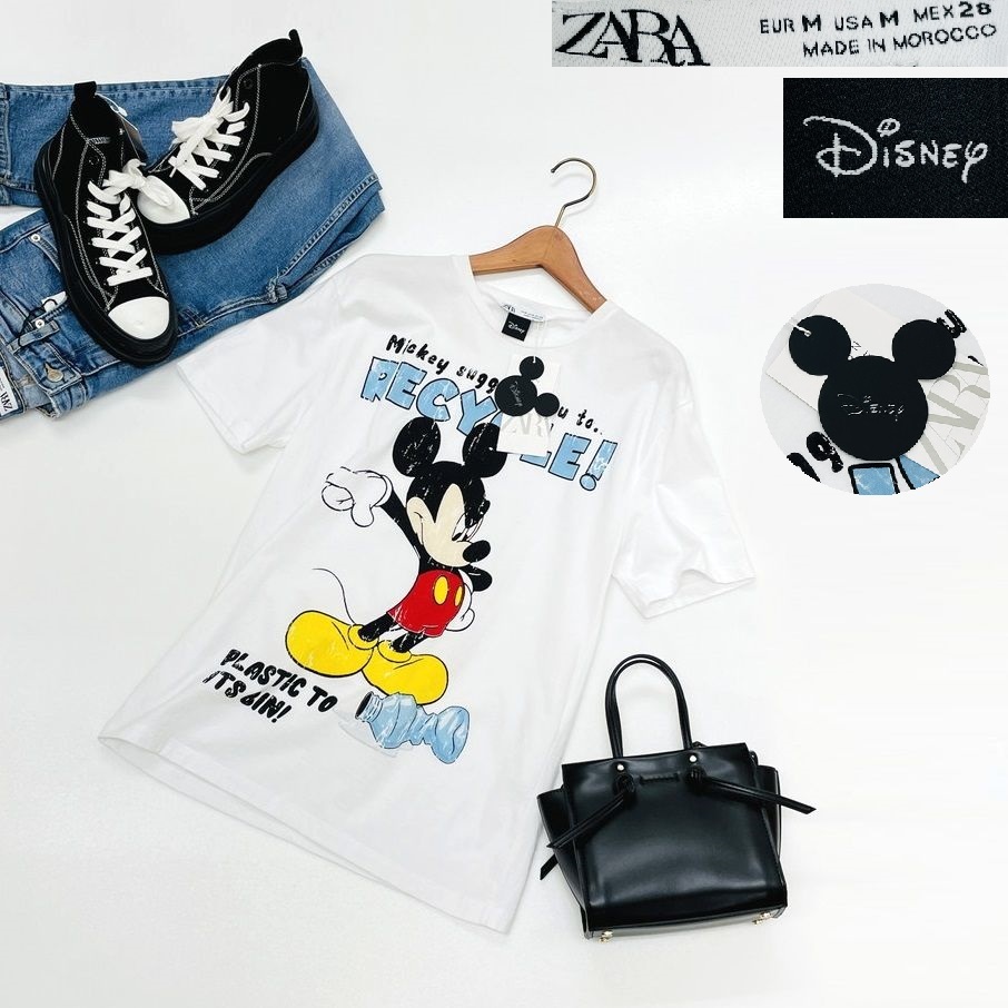 【M】ZARA Disney ホワイト 半袖Tシャツ レディース タグ カジュアル トップス通勤フェミニン大人可愛いミッキー デイリー ディズニー ザラ_画像1