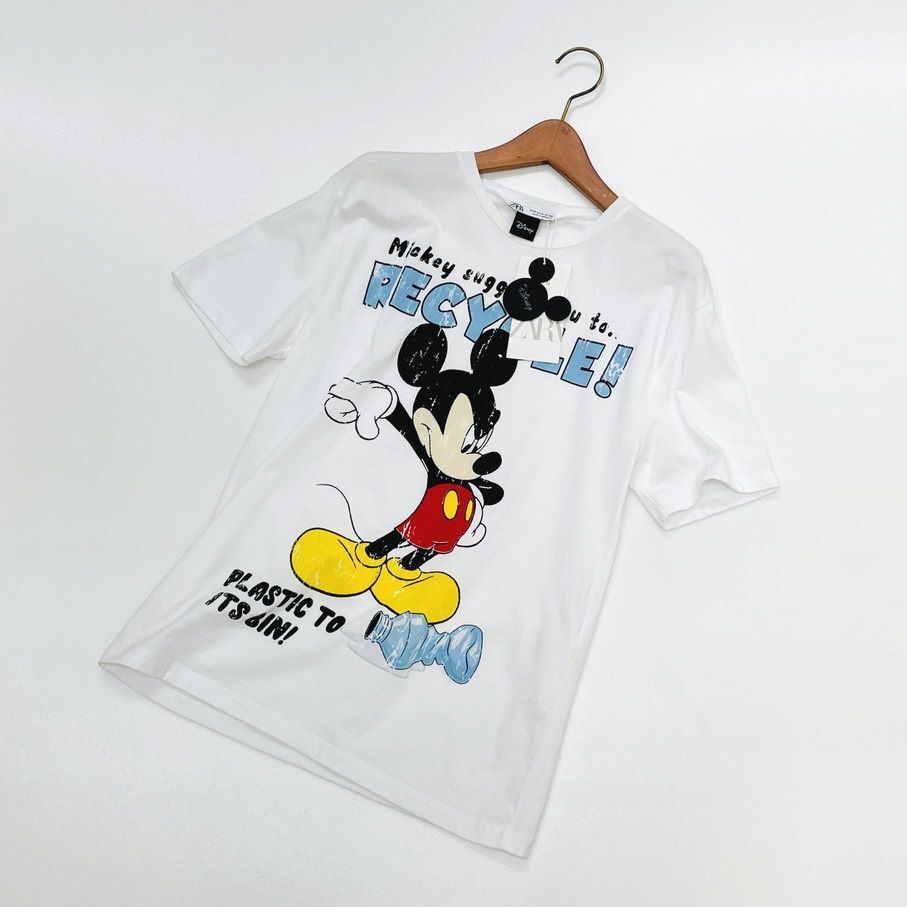 【M】ZARA Disney ホワイト 半袖Tシャツ レディース タグ カジュアル トップス通勤フェミニン大人可愛いミッキー デイリー ディズニー ザラ