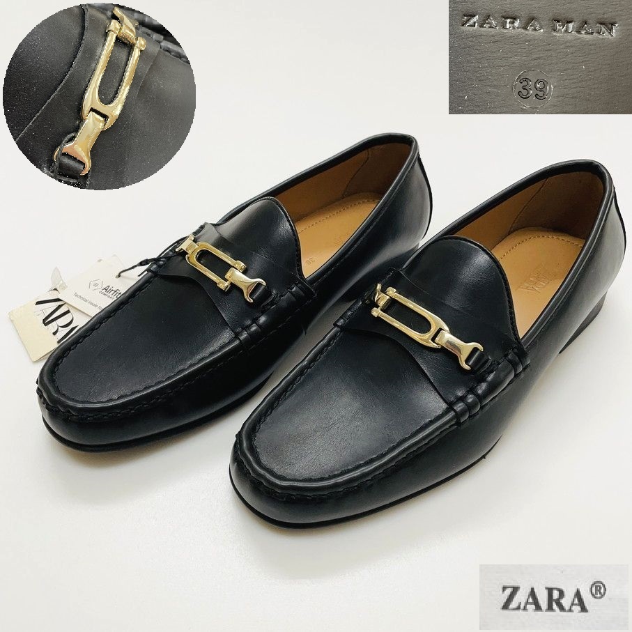 未使用品 ZARA MAN ブラック ローファー オフィスカジュアル フォーマル タグ ゴールドバックル デイリー ビジネス ストリート 黒 靴 ザラ