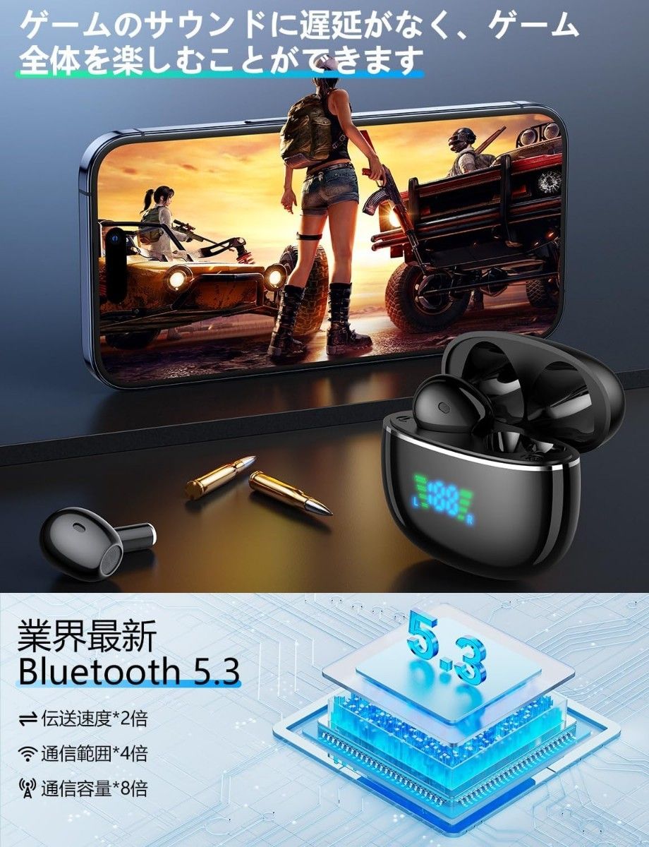 ワイヤレスイヤホン Bluetooth5.3 LEDディスプレイ IPX 7防水