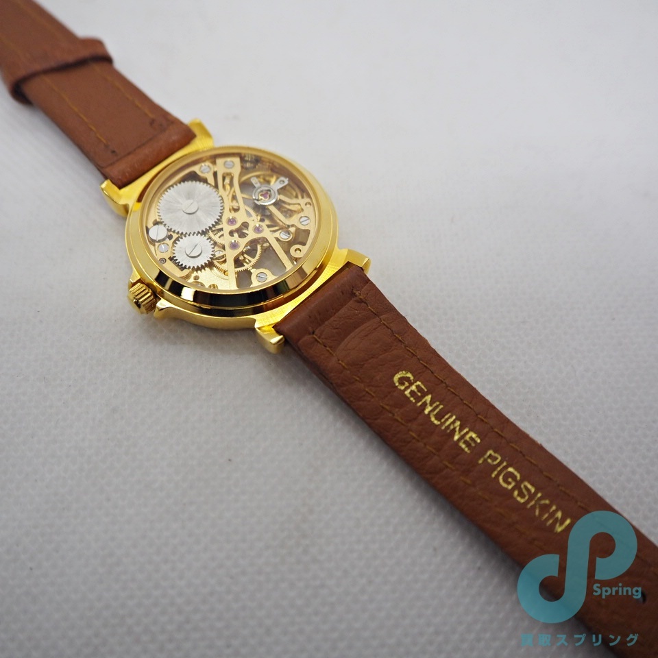 未使用品 腕時計 機械式 手巻き レディース スケルトン ノーブランド 稼働品 60サイズ 金色 茶革の画像5