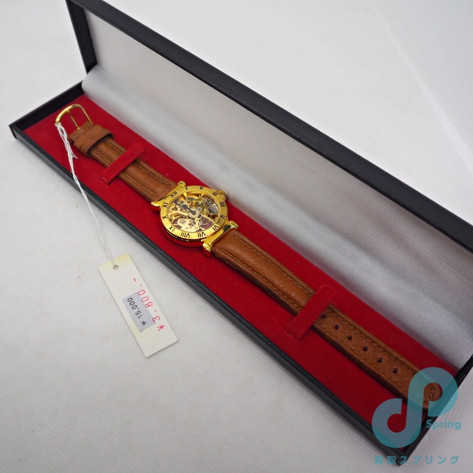 未使用品 腕時計 機械式 手巻き レディース スケルトン ノーブランド 稼働品 60サイズ 金色 茶革の画像1