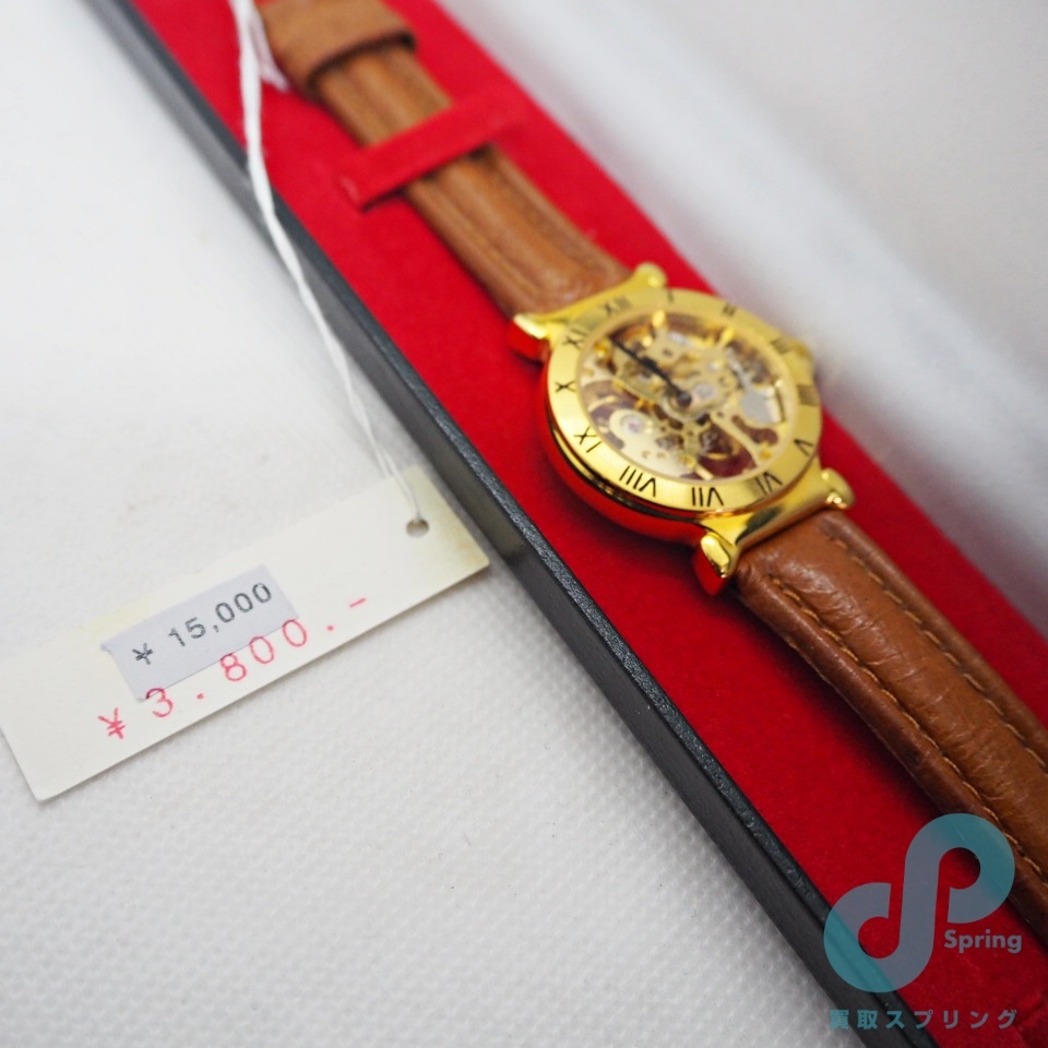 未使用品 腕時計 機械式 手巻き レディース スケルトン ノーブランド 稼働品 60サイズ 金色 茶革の画像2