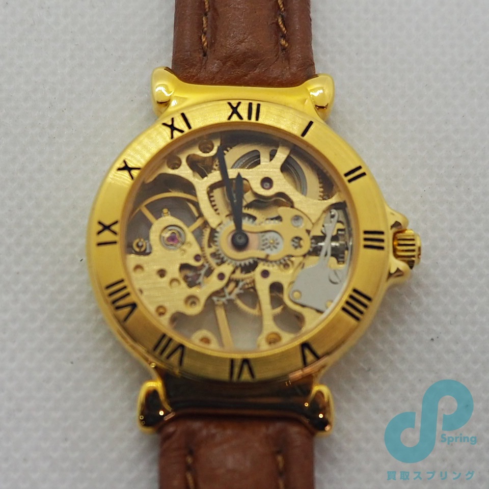 未使用品 腕時計 機械式 手巻き レディース スケルトン ノーブランド 稼働品 60サイズ 金色 茶革の画像3