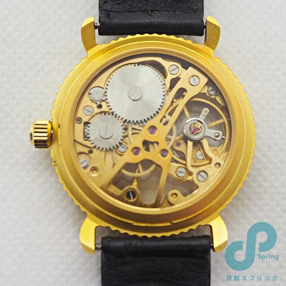  unused goods wristwatch machine hand winding men's skeleton No-brand operation goods 60 size gold color black leather 