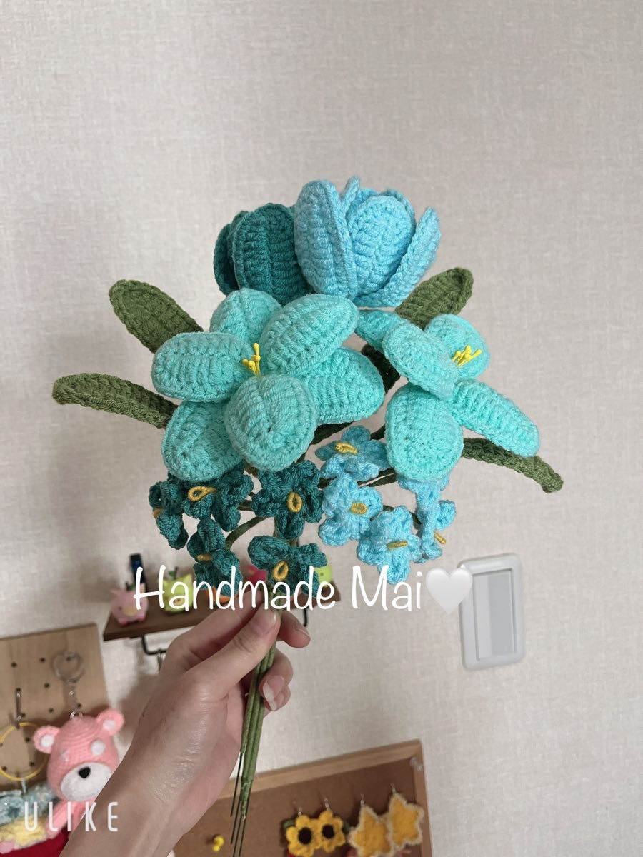 (青い系001)チューリップ　編み物　編み花　枯れない花　かぎ針　あみぐるみ