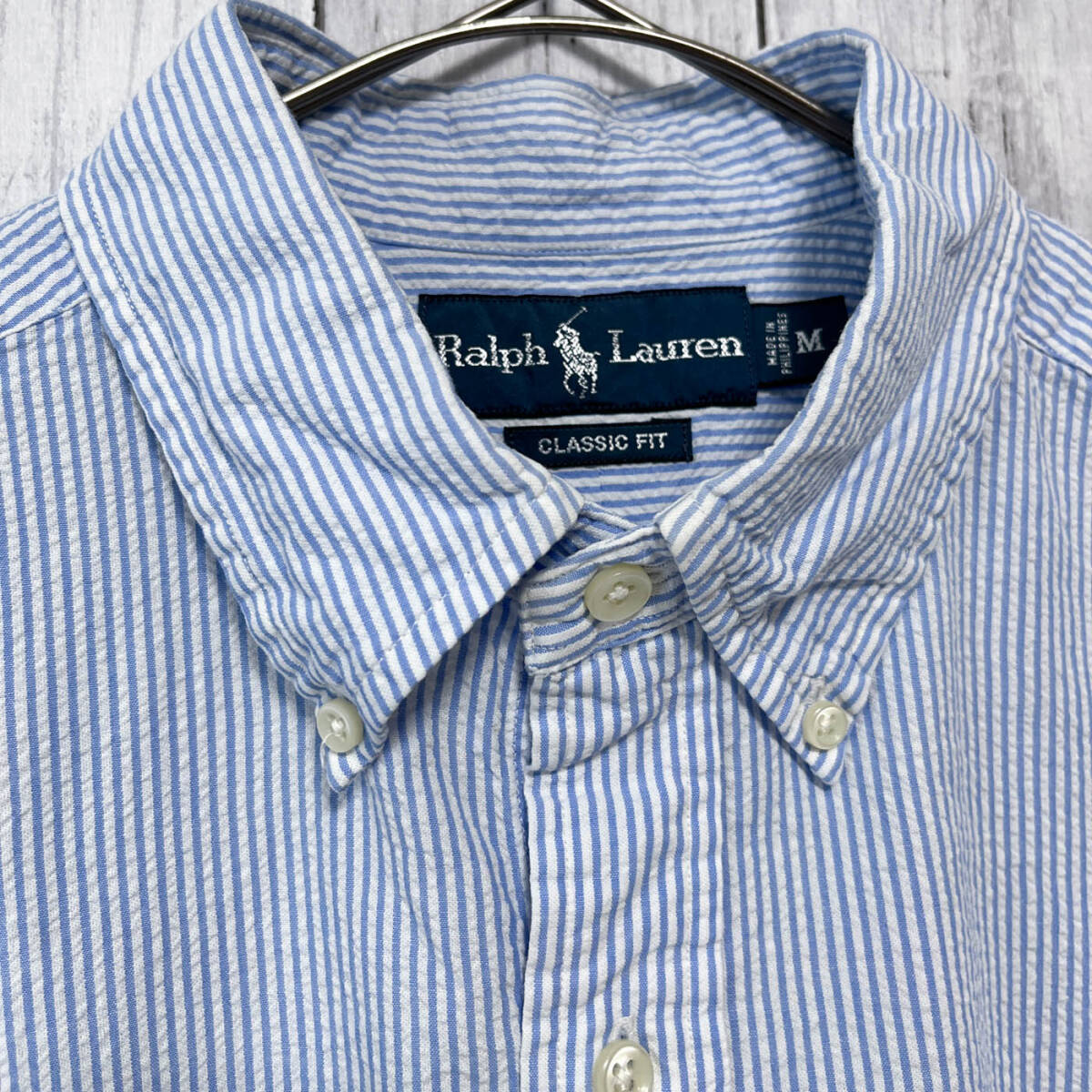 ラルフローレン Ralph Lauren CLASSIC FIT サッカー生地 ストライプシャツ 半袖シャツ メンズ ワンポイント コットン100% Mサイズ 5‐722
