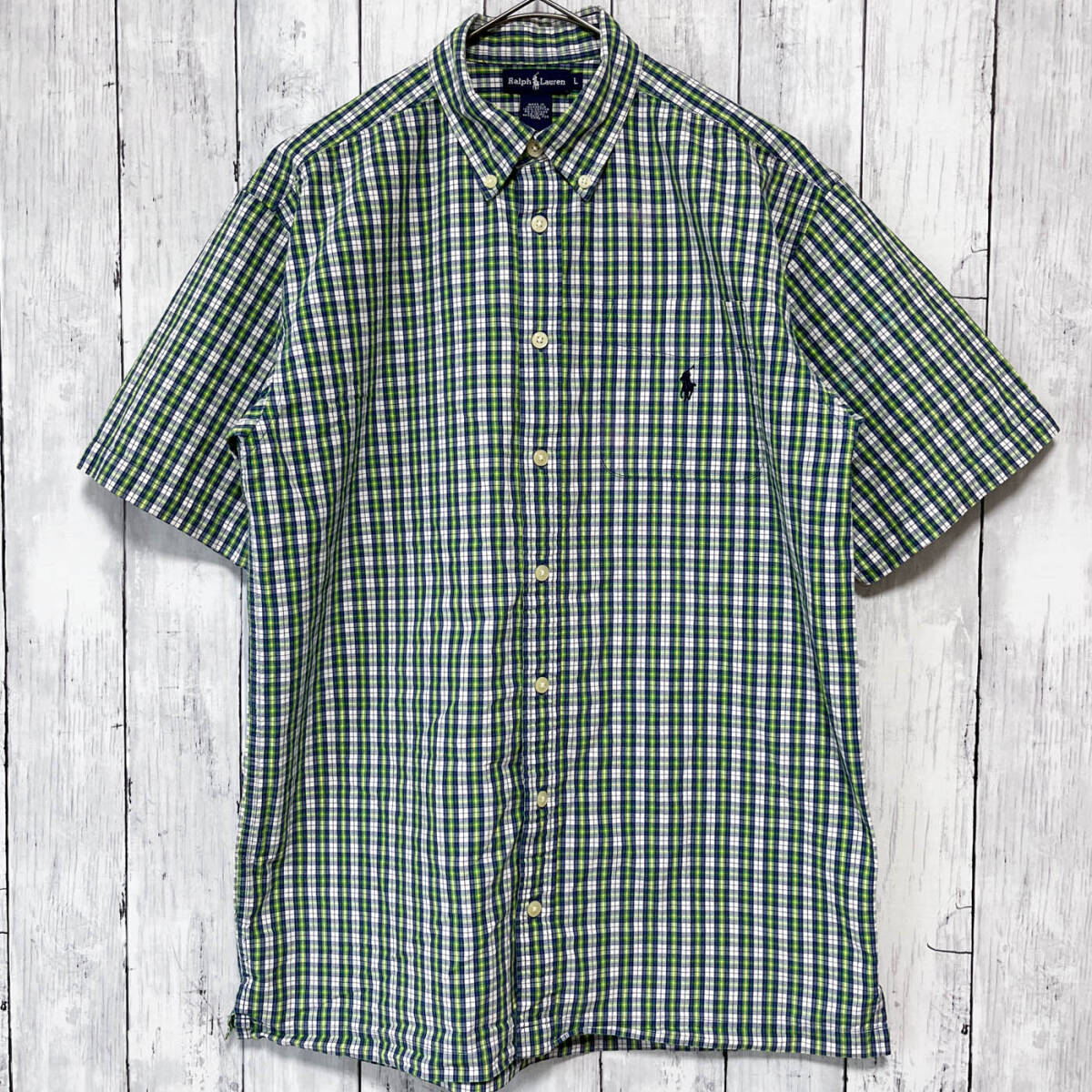 ラルフローレン Ralph Lauren チェックシャツ 半袖シャツ メンズ ワンポイント コットン100% Lサイズ 5‐725_画像2