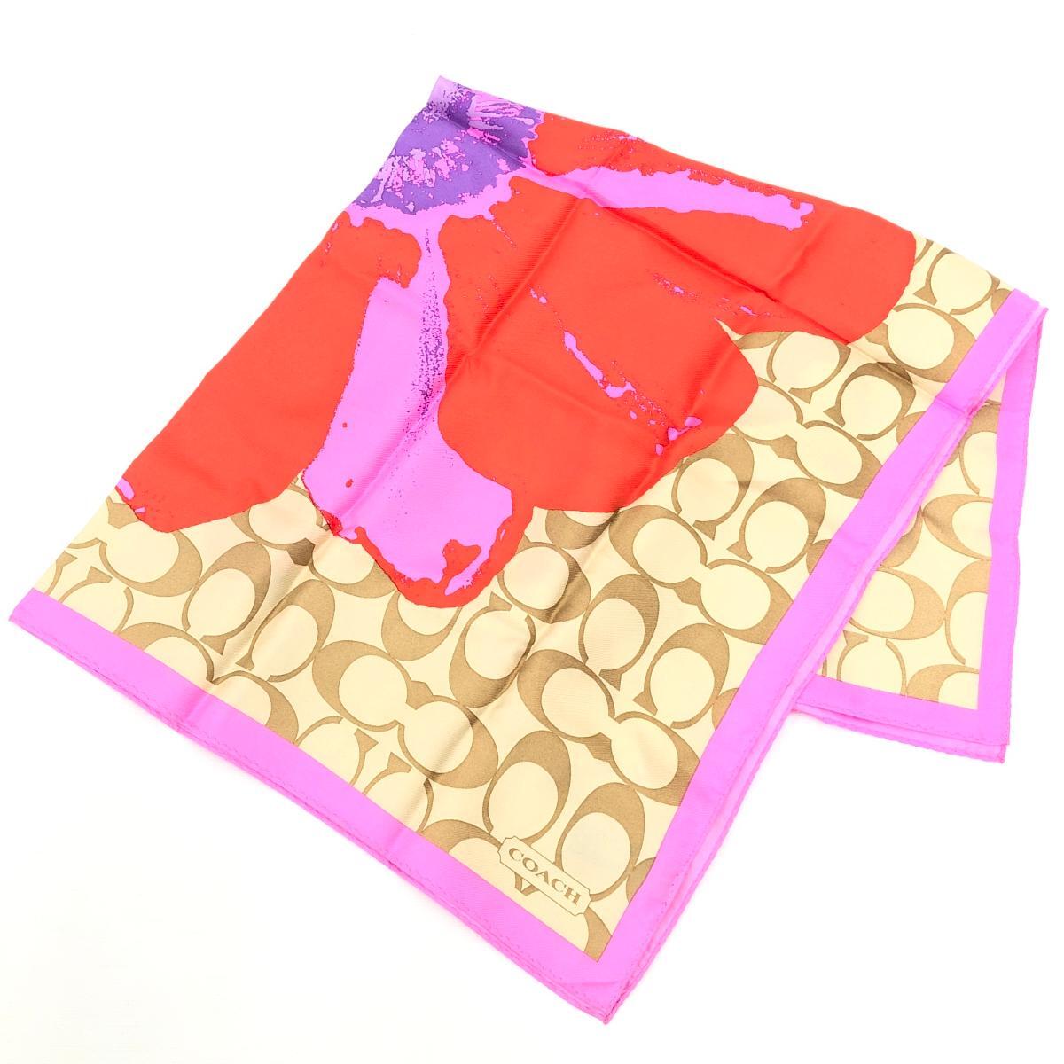 ◆COACH コーチ スカーフ◆ ブラウン/ピンク シルク100％ 花柄 レディース スカーフ カレ 絹 服飾小物_画像2