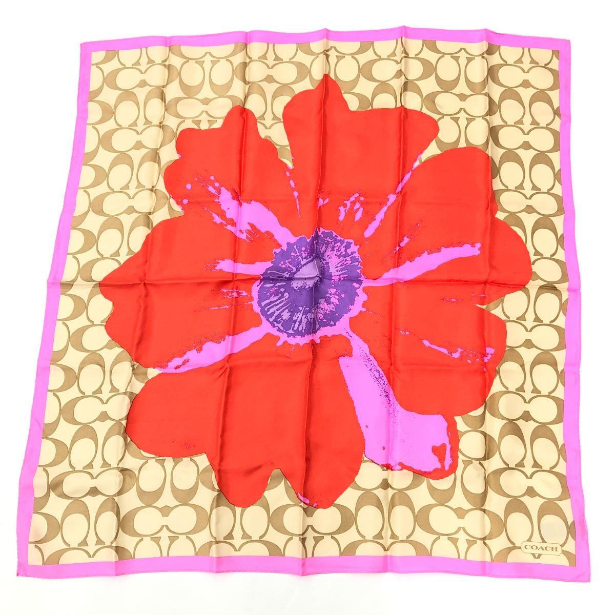 ◆COACH コーチ スカーフ◆ ブラウン/ピンク シルク100％ 花柄 レディース スカーフ カレ 絹 服飾小物_画像1