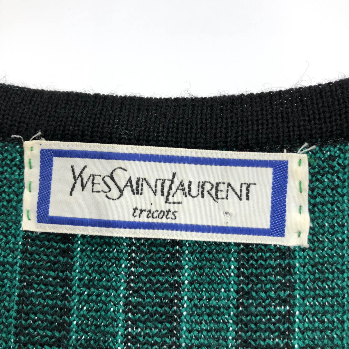 ◆YvesSaintLaurent(YSL) イヴサンローラン ニットジャケット サイズM◆ ブラック/グリーン ウール レディース アウター ロゴボタン_画像6