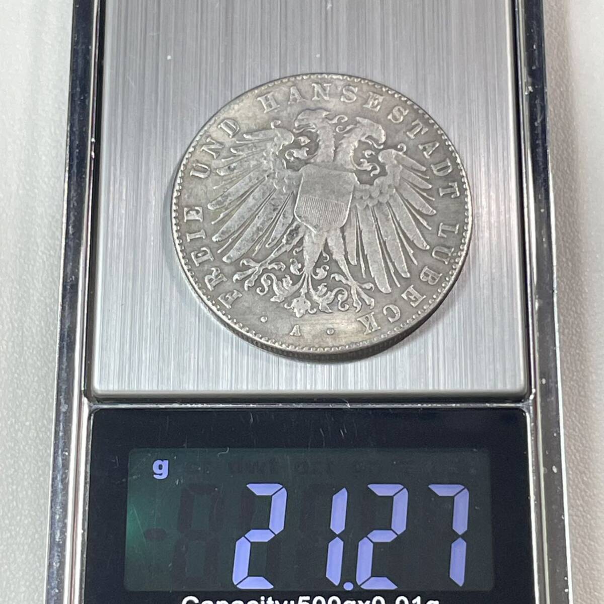 ドイツ 硬貨 古銭 ドイツ帝国 1907年 自由ハンザ都市リューベック 双頭の鷲 国章 クラウン 5マルク コイン 重21.27gの画像5