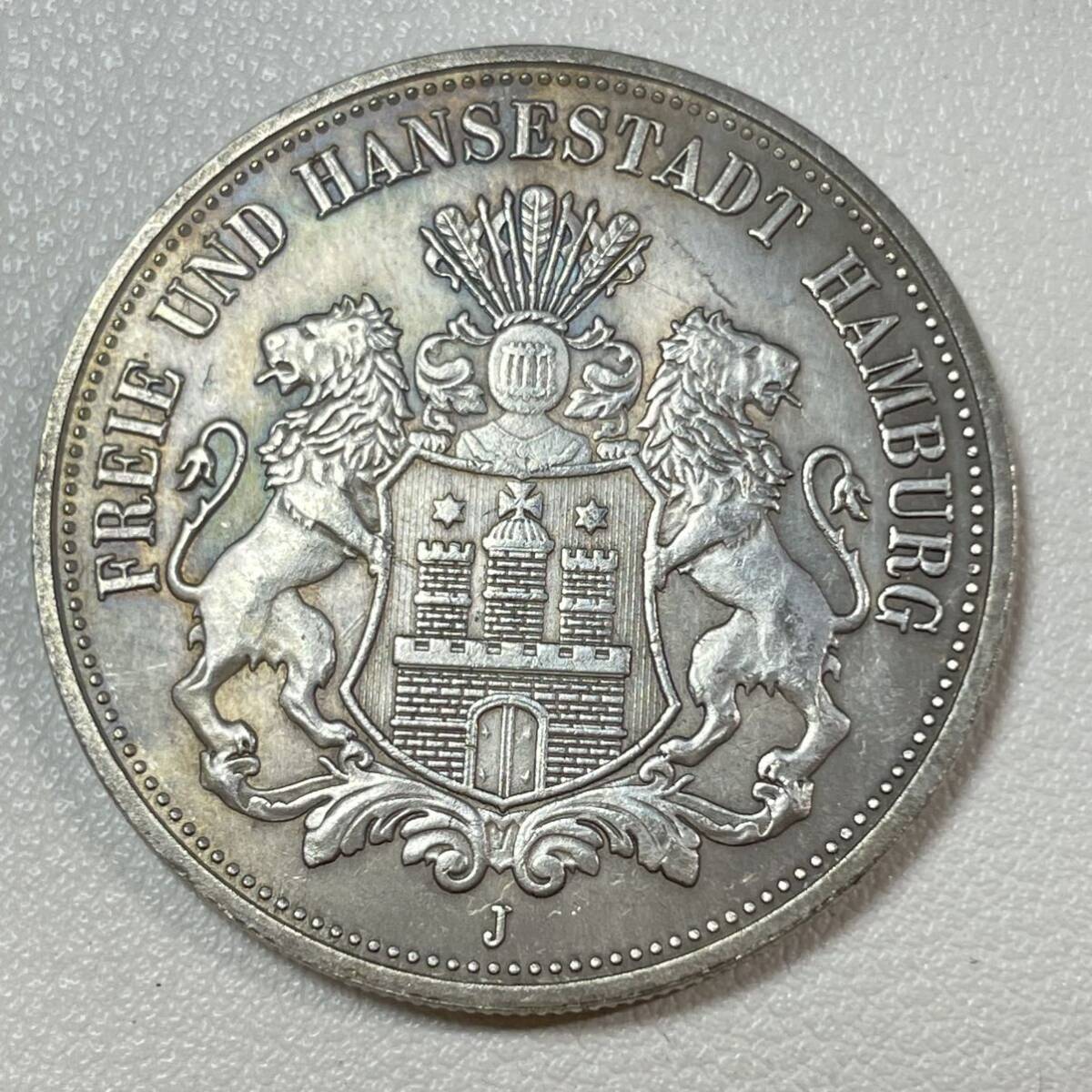 ドイツ 硬貨 古銭 ハンブルク州 1896年 ハンブルク州紋章 キャット・キャッスル マルク 国章 双頭の鷲 コイン 重20.40g 銀貨_画像1