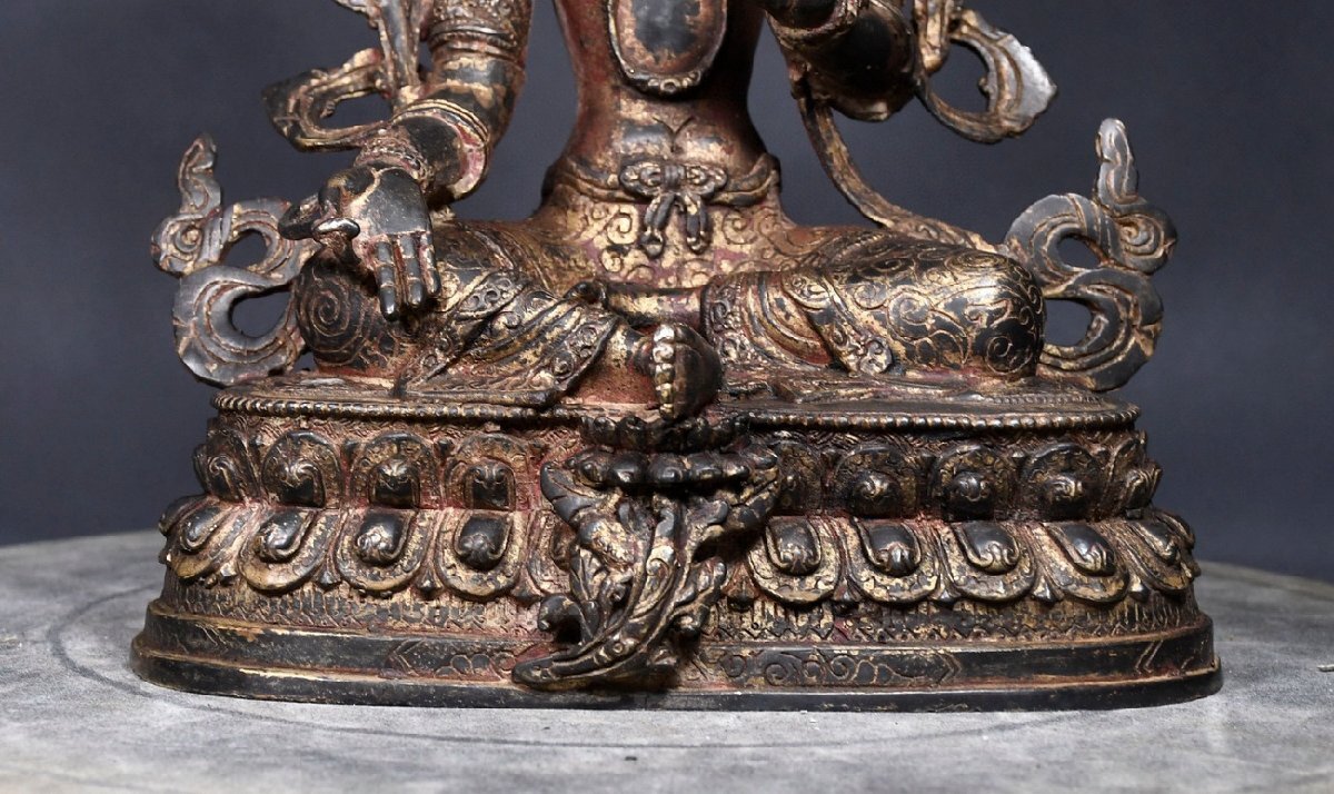 【清】某有名収集家買取品 西蔵・チベット伝来・時代物 銅製 泥金緑多羅菩薩造像 極細工 密教古美術_画像7
