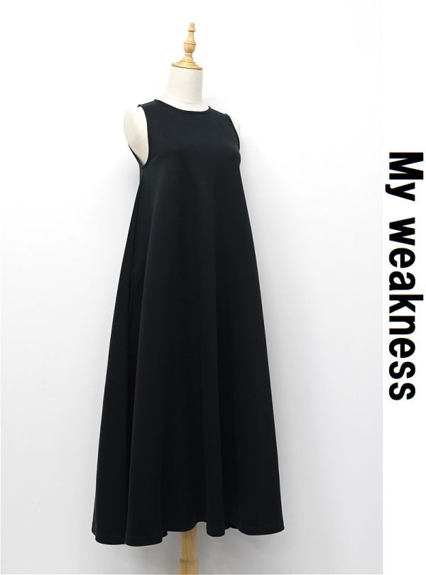 I363/My weakness マイウィークネス circular dress ロングワンピース ノースリーブ コットン ストレッチ フリーサイズ M~L 黒 日本製_画像1