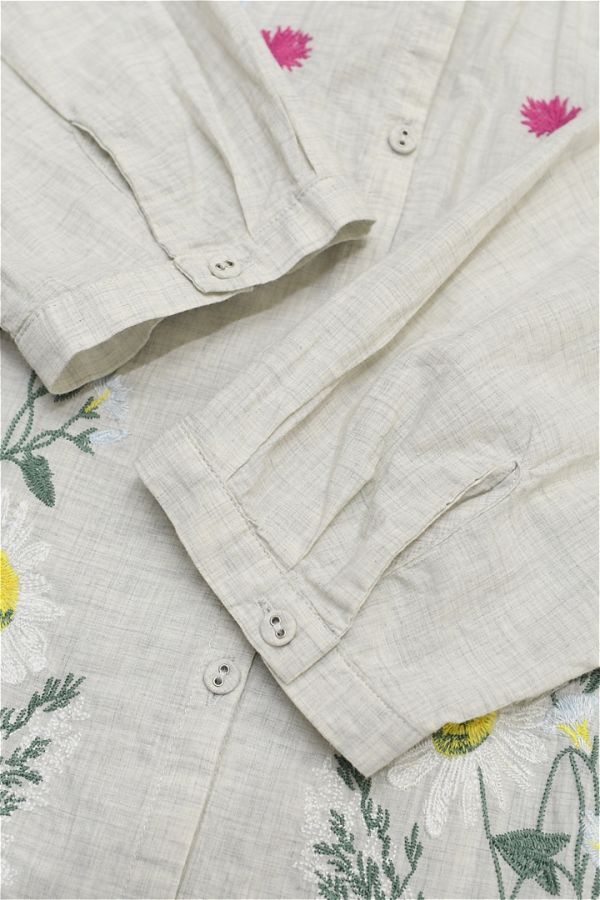 ZO-K356/ beautiful goods SUPER HAKKA long sleeve blouse shirt long height floral print embroidery M~L gray 