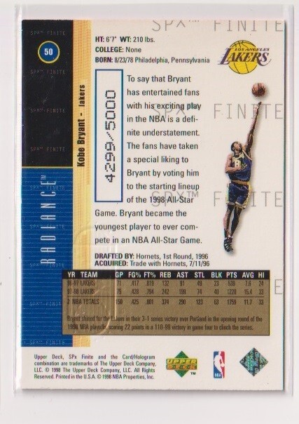 1998－99 UD SPX Finite Kobe Bryant Radiance card #4299/5000の画像2