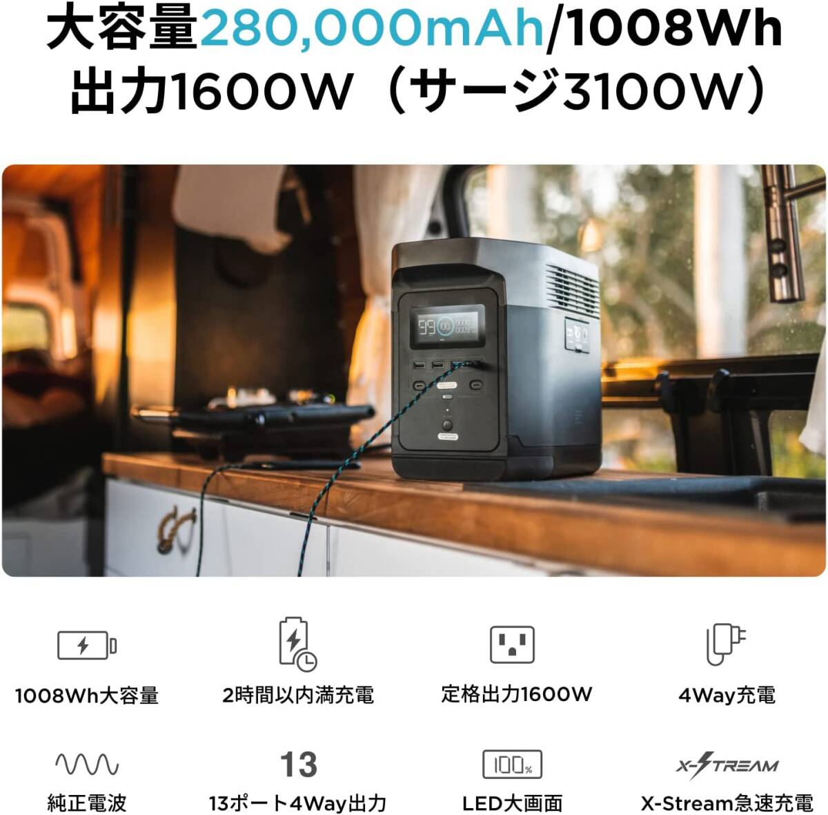 EcoFlow ポータブル電源 DELTA1000 大容量 1008Wh X‐Stream急速充電 1.6時間でフル充電 家庭用蓄電池