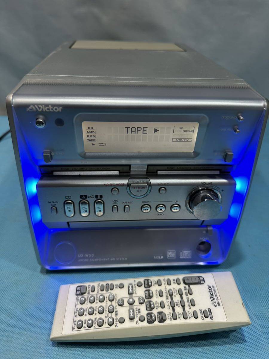 Victor UX-W50 本体&リモコンのみ CD.MD.TAPE再生確認済み ラジオ受信します 動作品 ミニコンポ センター部 CA-UXW50-S オーディオ _画像4