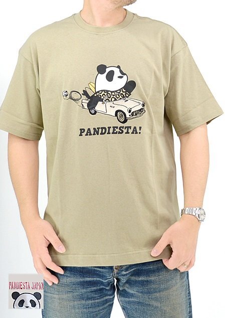 オープンカーパンダ半袖Tシャツ◆PANDIESTA JAPAN カーキXXLサイズ 554321 パンディエスタジャパン ユニセックス_画像1